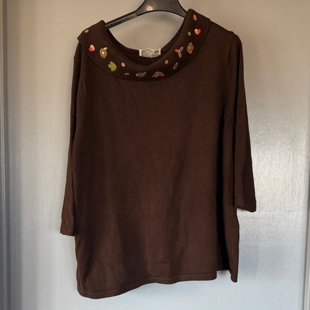 NWT Brown Embroidered Cowl Neck Women's Pullover Sweater 3/4 Sleeves sz 3X